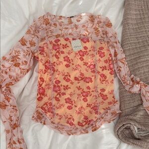 Free People Pink and Orange Floral Blouse
